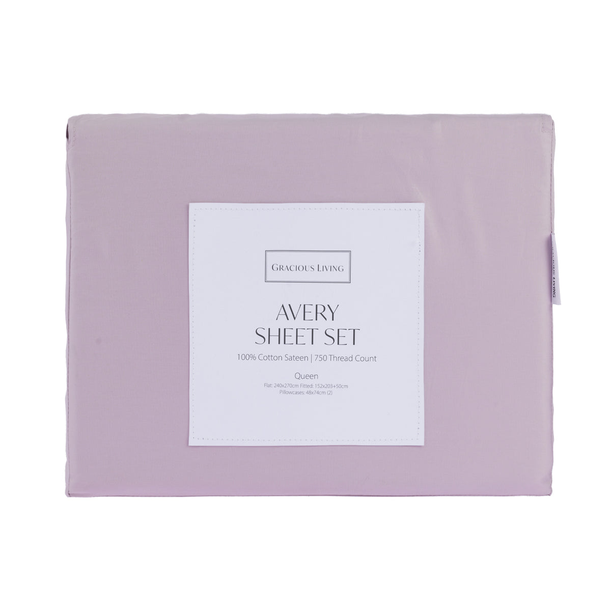 A folded Gracious Living Avery 750TC 100% Cotton Sheet Set in Dusky Mauve, featuring soft purple cotton sateen fabric and a branded product label, displayed against a white background.