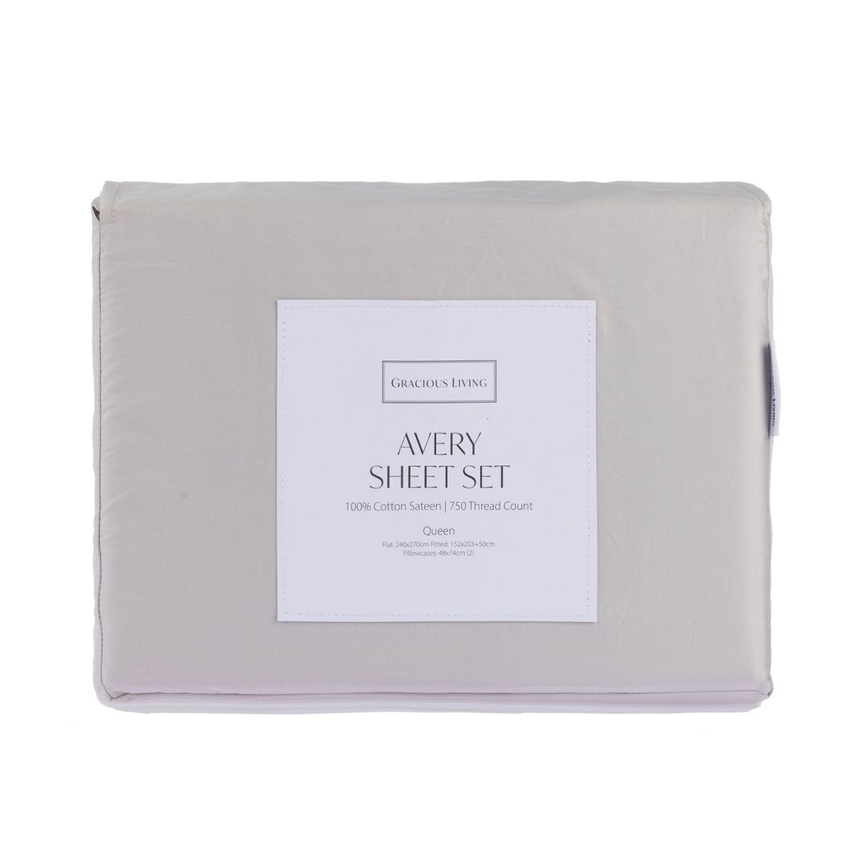 A folded Gracious Living Avery 750TC 100% Cotton Sheet Set in Silver, featuring smooth cotton sateen fabric and a branded product label, displayed against a white background.