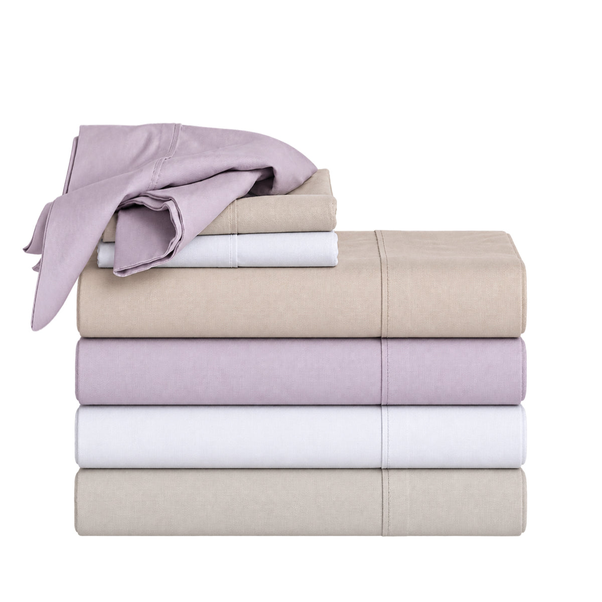 A neatly stacked collection of Gracious Living Avery 750TC Cotton Sheet Sets in Dusky Mauve, Silver, Taupe and White, featuring smooth folded fabric and stitched hems against a white background.