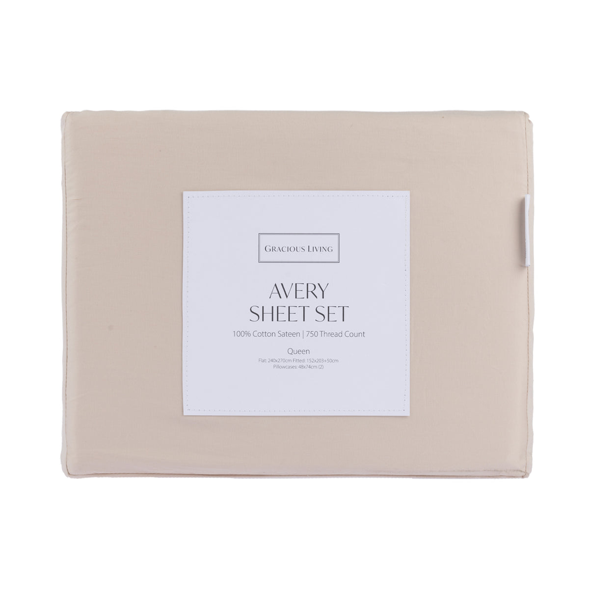 A folded Gracious Living Avery 750TC 100% Cotton Sheet Set in Taupe, featuring warm neutral beige cotton sateen fabric and a branded product label, displayed against a white background.