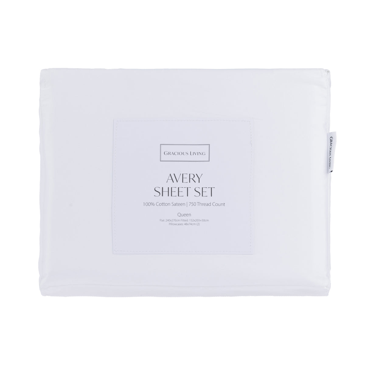 A folded Gracious Living Avery 750TC 100% Cotton Sheet Set in White, featuring crisp white cotton sateen fabric and a branded product label, displayed against a white background.