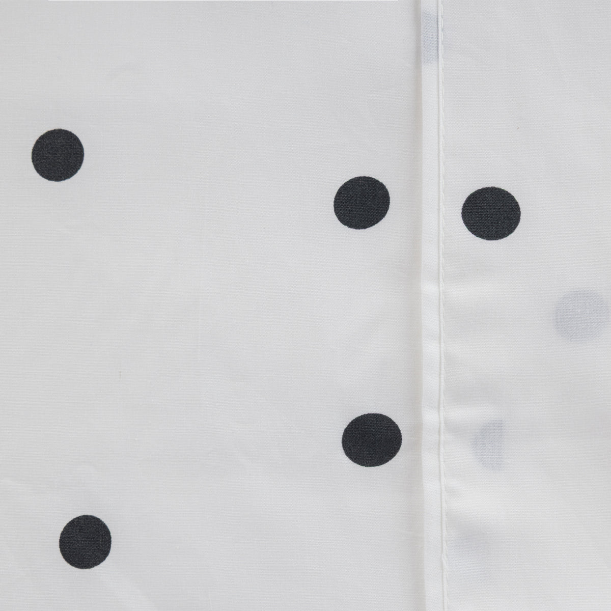 Close-up of the Pure & Simple Monroe Sheet Set in white and black, showing the black polka dot pattern and stitched seam detail.
