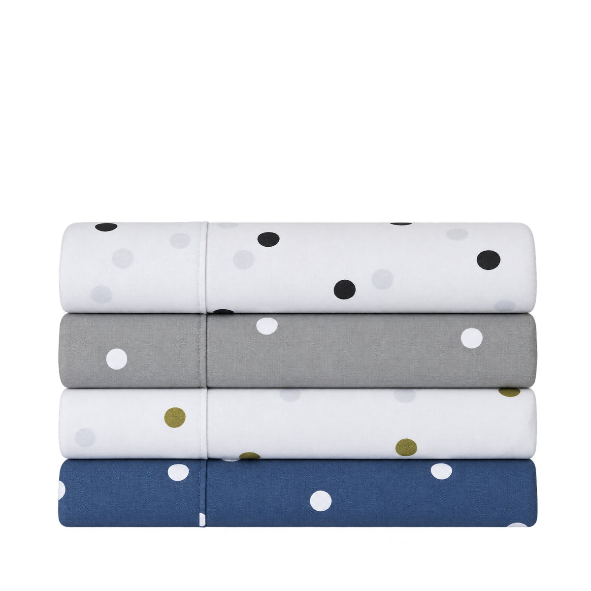 Stack of Pure & Simple Monroe Sheet Sets in assorted polka dot colourways, including white and black, grey and white, white and olive, and navy and white.