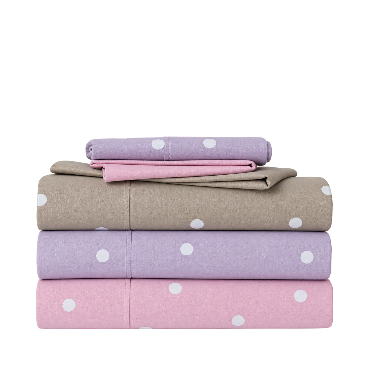 Stacked Pure & Simple Monroe Sheet Sets in blush, lilac and mocha, featuring a white polka dot design with coordinating plain pillowcases folded on top.