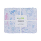 bb&b Kids Mermaid Dreams fitted sheet set folded and packaged, featuring a pale blue underwater print with mermaids, octopus, jellyfish, shells and sea life.