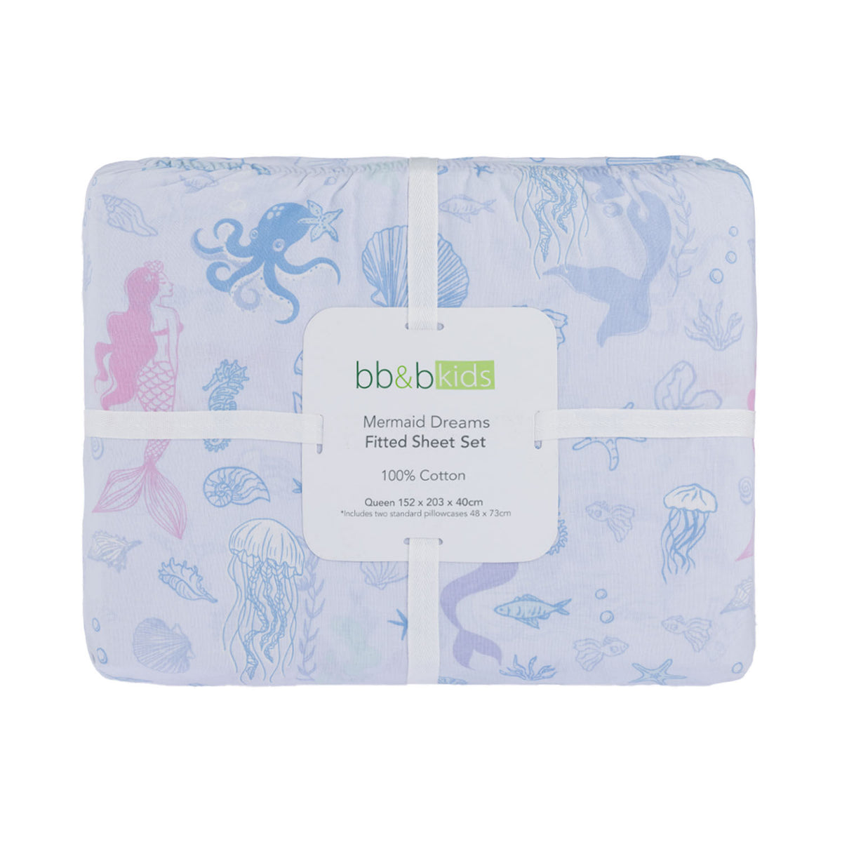 bb&b Kids Mermaid Dreams fitted sheet set folded and packaged, featuring a pale blue underwater print with mermaids, octopus, jellyfish, shells and sea life.