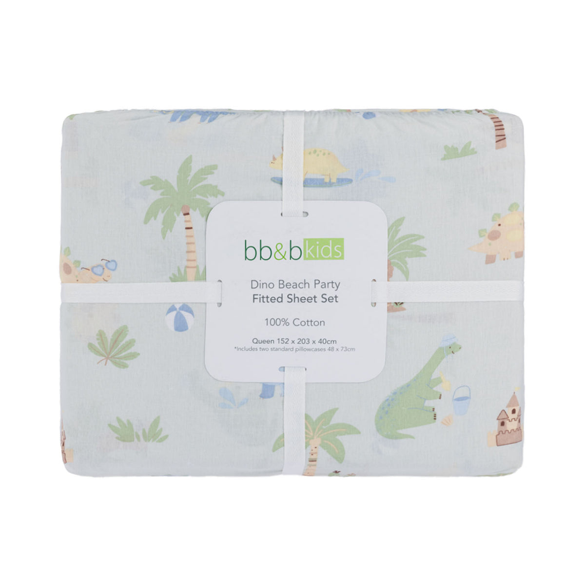 bb&b Kids Dino Beach Party fitted sheet set folded and packaged, featuring a pale blue dinosaur beach print with palm trees, sandcastles and beach accessories.