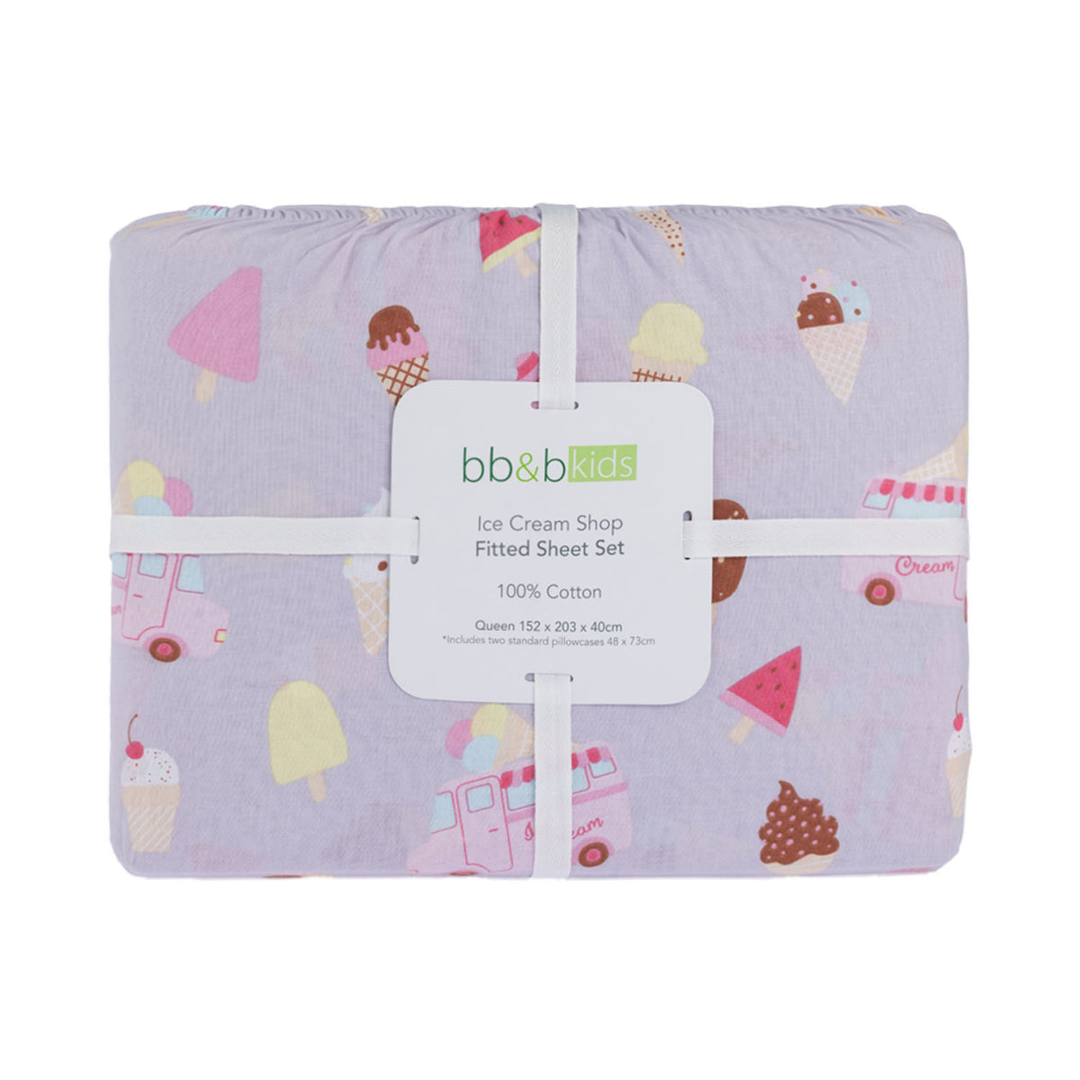 bb&b Kids Ice Cream Shop fitted sheet set folded and packaged, featuring a lilac background with colourful ice creams, popsicles and ice cream trucks.