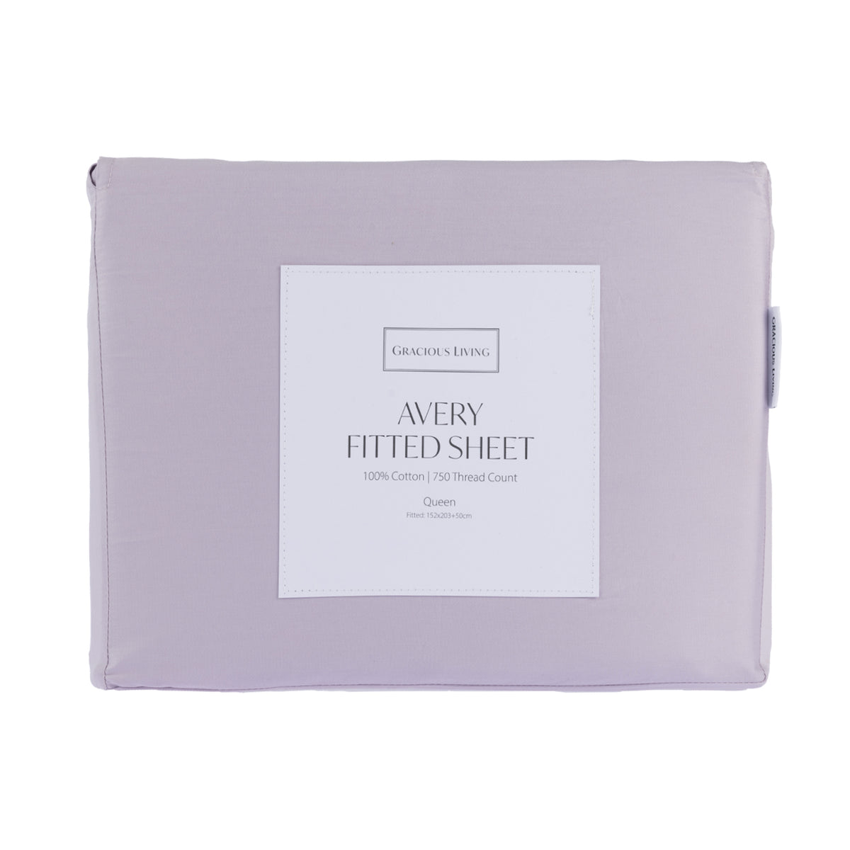 A folded Gracious Living Avery 750TC 100% Cotton Fitted Sheet in Dusky Mauve, featuring soft lavender-purple cotton fabric and a branded product label, displayed against a white background.