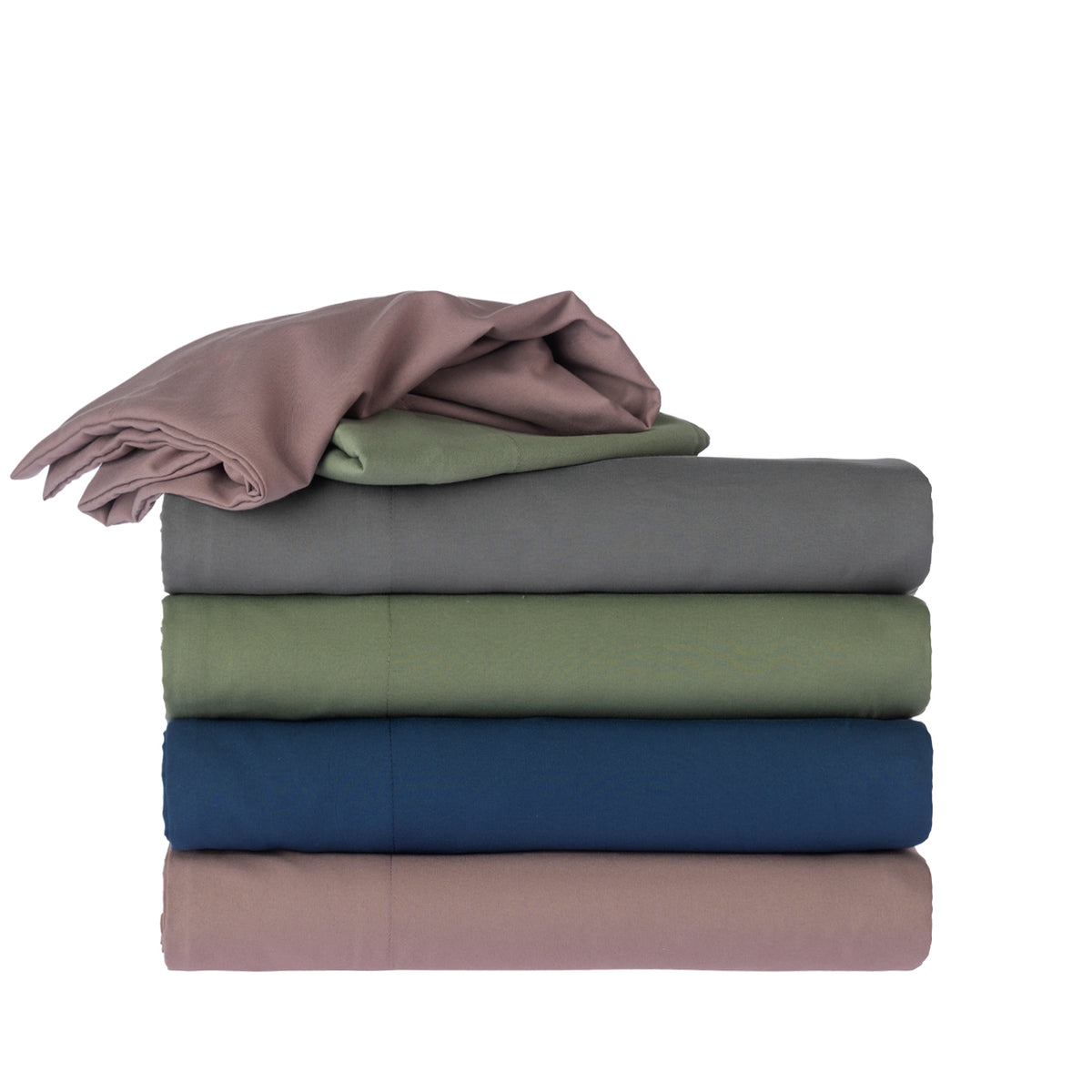 Home Co. Soft Touch Easy Care Sheet Sets in Charcoal, Olive, Navy and Rosewood, folded and stacked together.