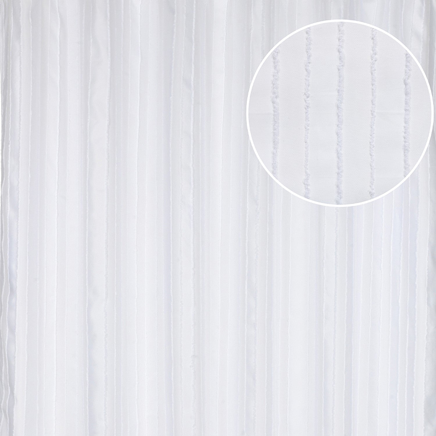 White satin stripe shower curtain close-up showing subtle vertical textured stripes.