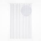 White satin stripe shower curtain hanging.