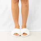 Ivory Katie crossover faux fur Slippers on Feet.