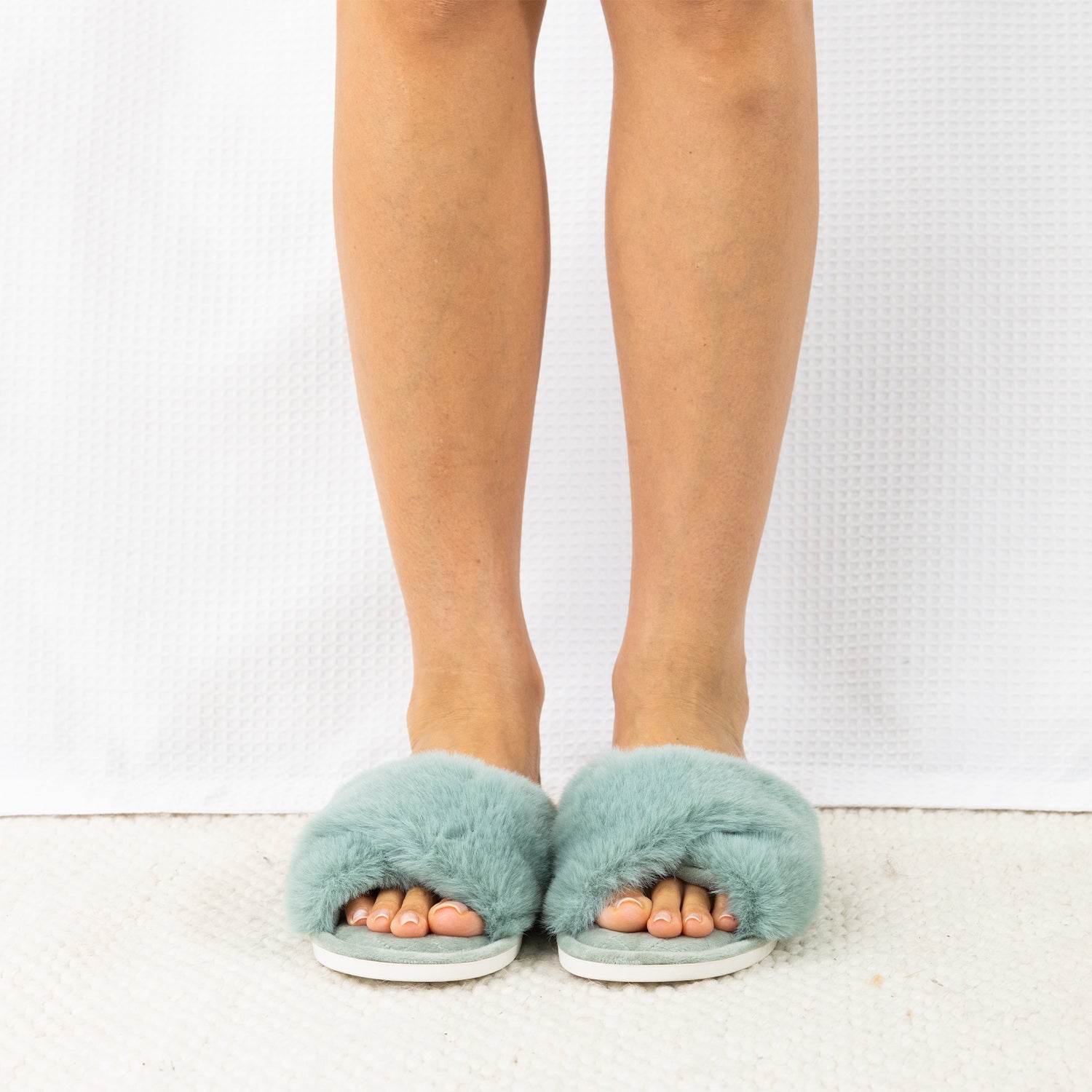 Sage Katie crossover faux fur Slippers on Feet.