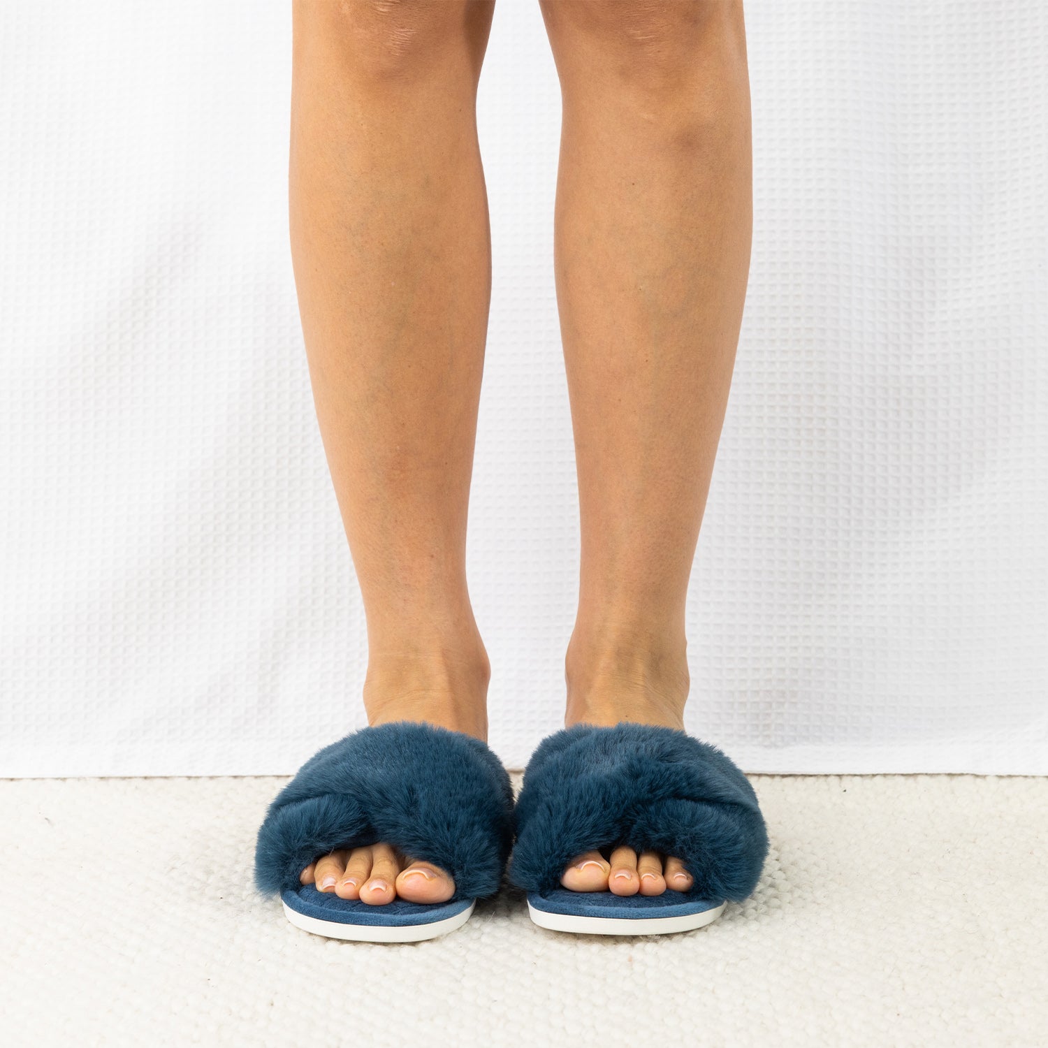 Teal Katie crossover faux fur Slippers on Feet.