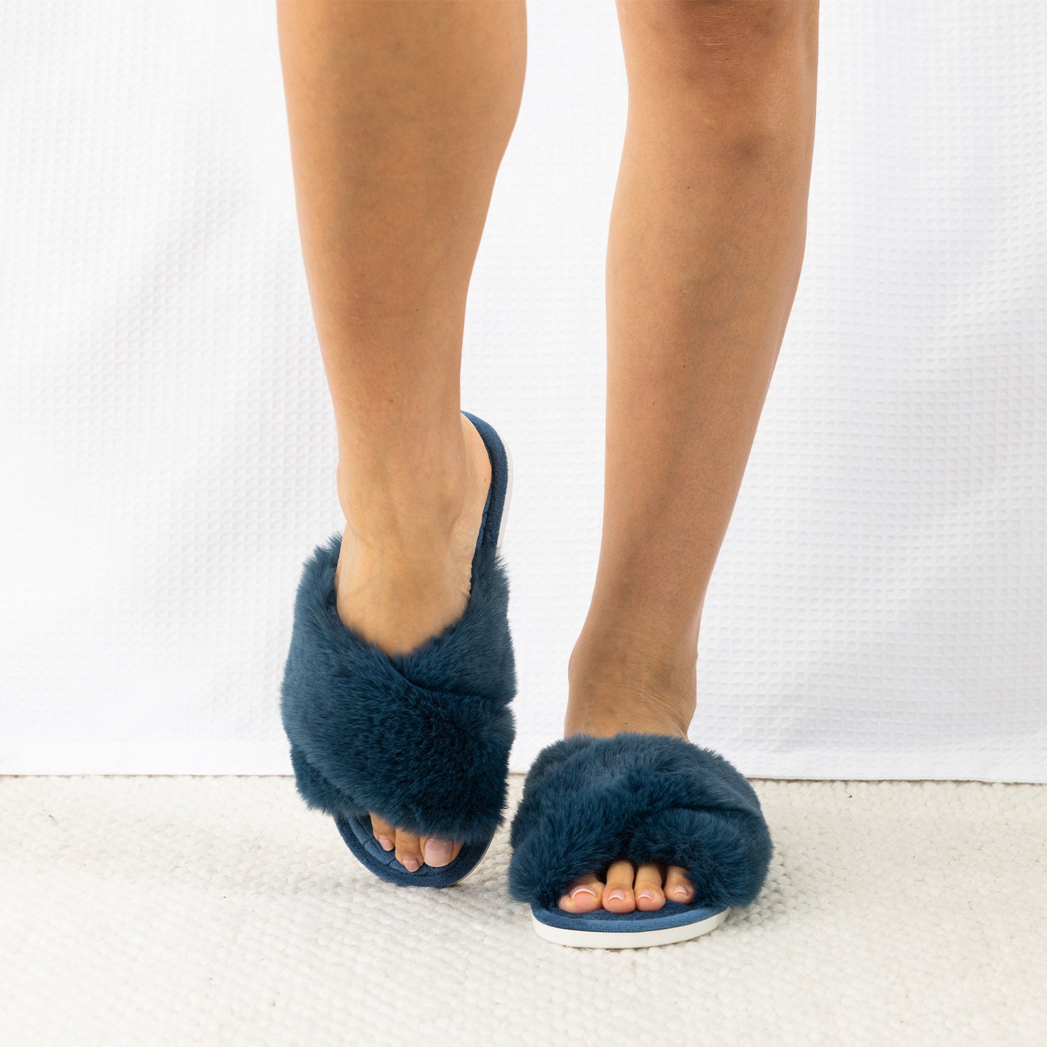 Teal Katie crossover faux fur Slippers on Feet.