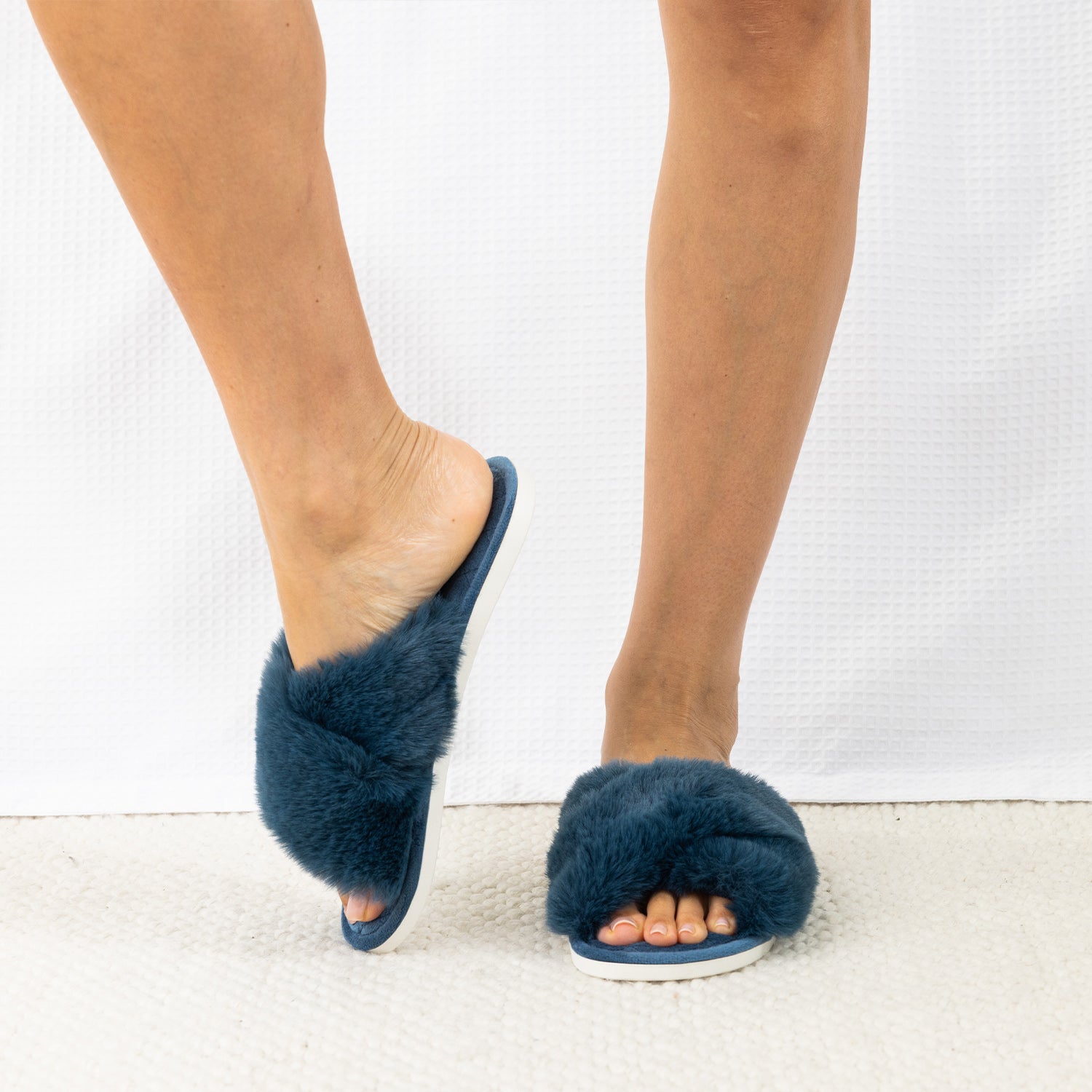 Teal Katie crossover faux fur Slippers on Feet.