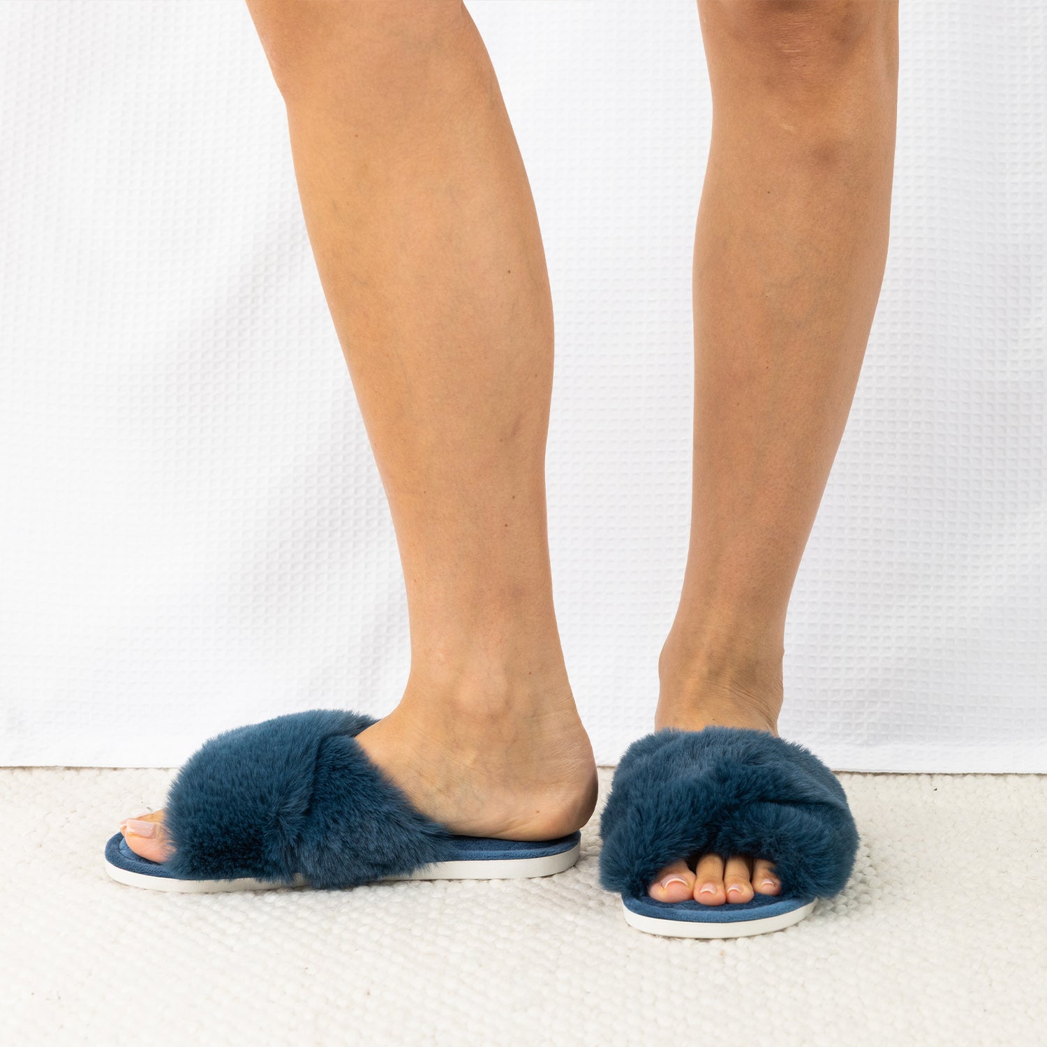 Teal Katie crossover faux fur Slippers on Feet.