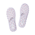 Pair of ivory floral open-toe slippers displayed on a white background.