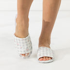 Solace Gracie Quilted Slippers Grey featuring a gingham check and pink floral print, shown worn from the front.