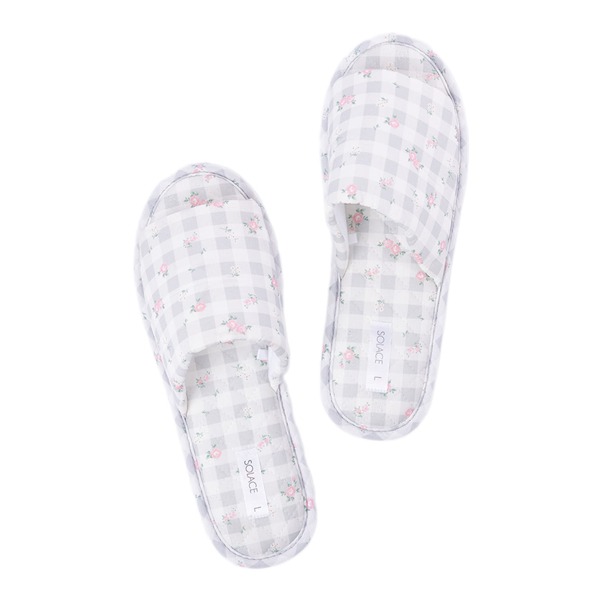 Pair of Solace Gracie Quilted Slippers Grey featuring a gingham check and delicate pink floral print.