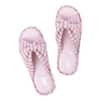 Pair of Design Republique Brittany Bow Slippers Blush featuring a soft pink check pattern and statement bow detail.