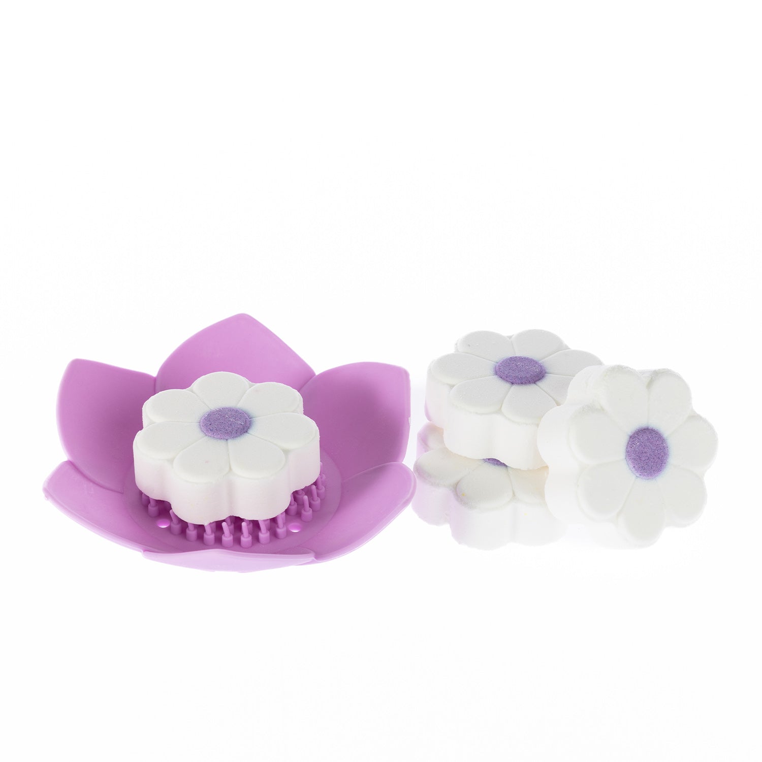 Grace & Gild lavender shower steamer set featuring four white flower-shaped steamers with lavender centres and a matching purple flower-shaped tray.