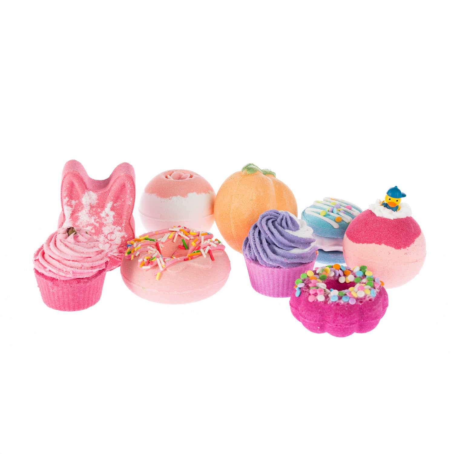 Assorted Grace & Gild novelty bath fizzers in playful cupcake, doughnut, peach, bunny, flower, and bath bomb designs, displayed together in a colourful collection.