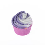 Lavender cupcake-shaped bath fizzer with purple and white swirled frosting design in a pink cupcake-style base.

