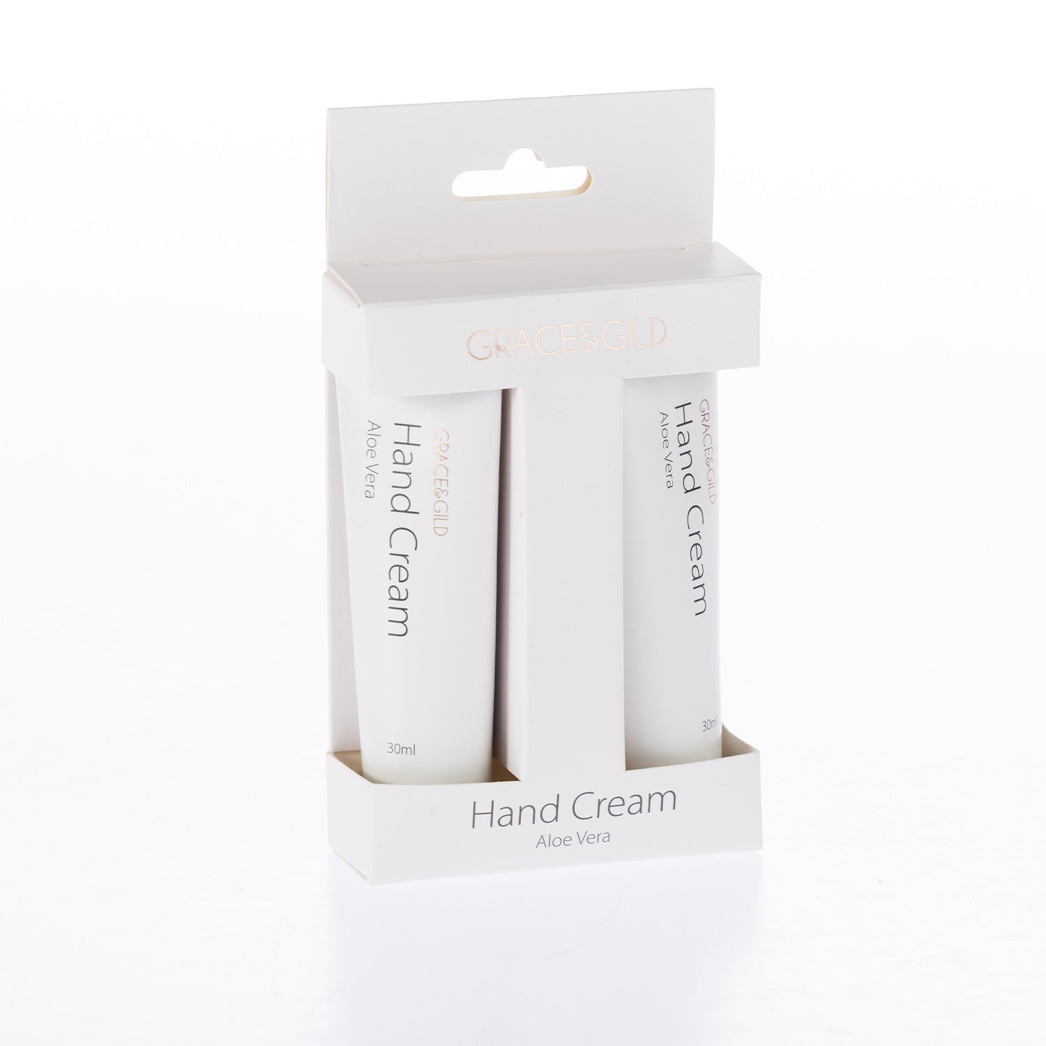 Grace & Gild Aloe Vera Hand Cream 2 Pack in retail packaging with two 30ml white hand cream tubes displayed in a white gift box.