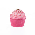 Pink cupcake-shaped bath fizzer with piped rose-inspired frosting and delicate dried rose petal garnish, scented in Rose.