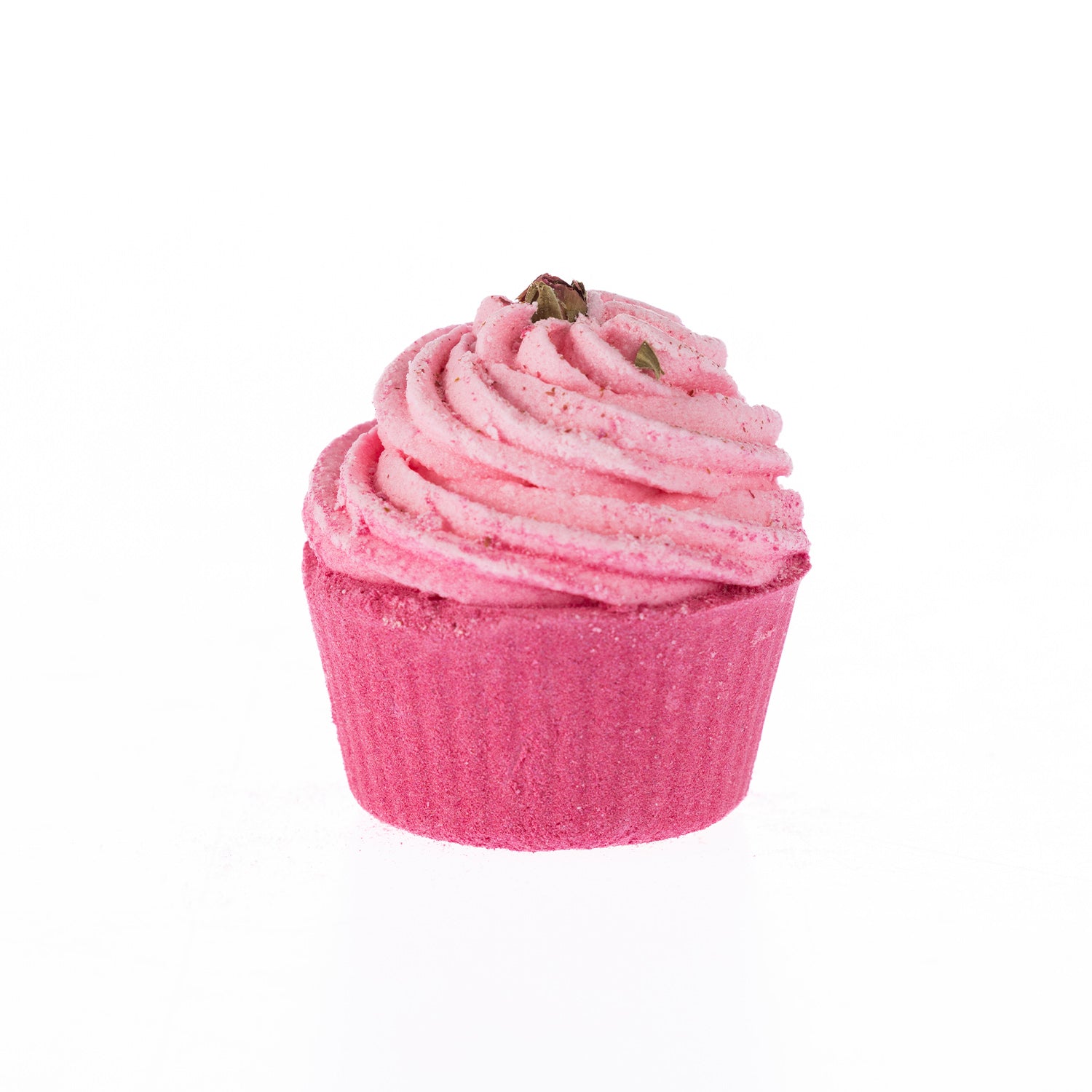 Pink cupcake-shaped bath fizzer with piped rose-inspired frosting and delicate dried rose petal garnish, scented in Rose.