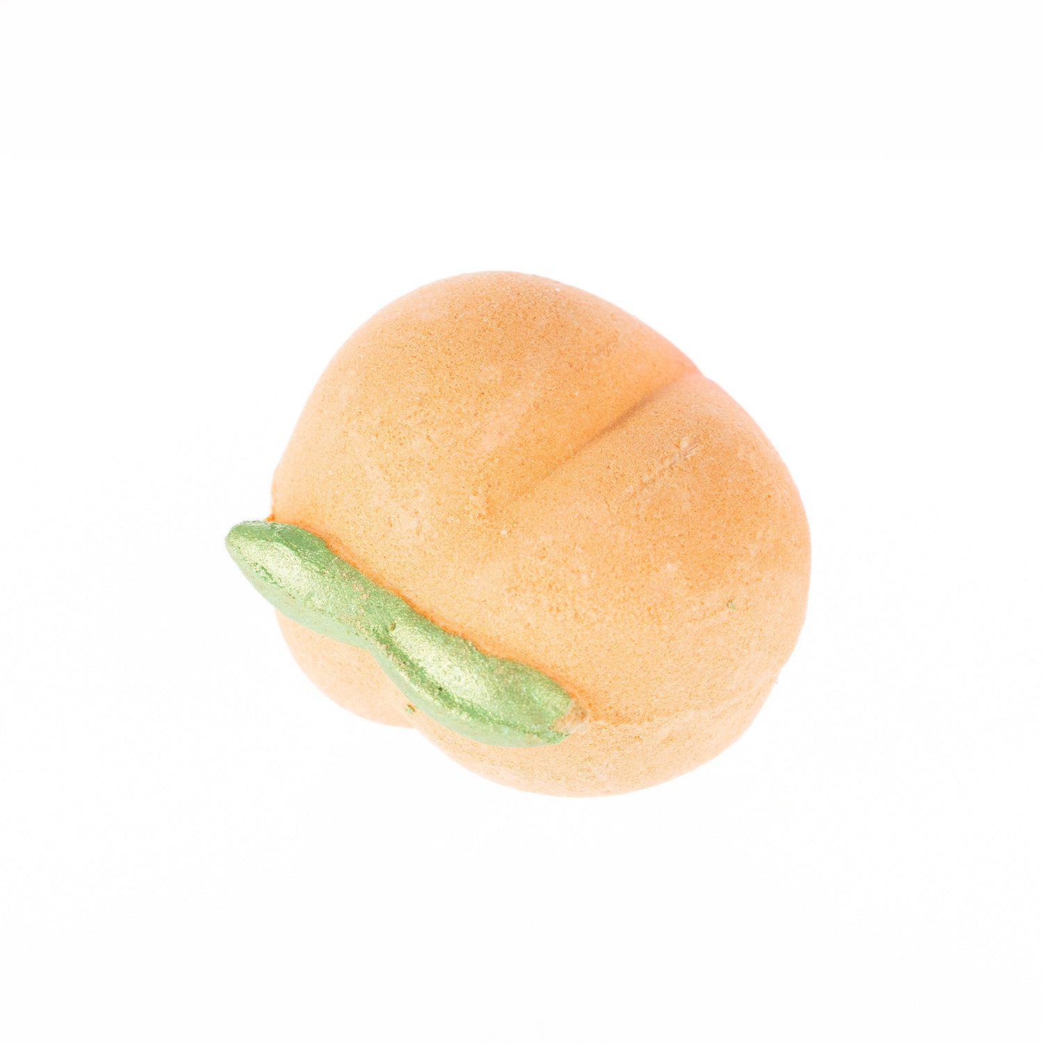 Peach-shaped bath fizzer with a green leaf detail, scented in Peach.