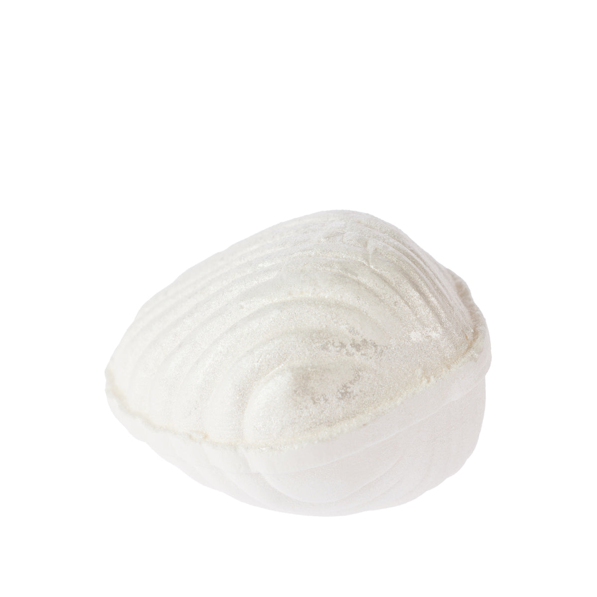 Grace & Gild Slipper Shell Bath Fizzer 120g in white with a softly shimmering finish and raised shell-like ridges on a white background.