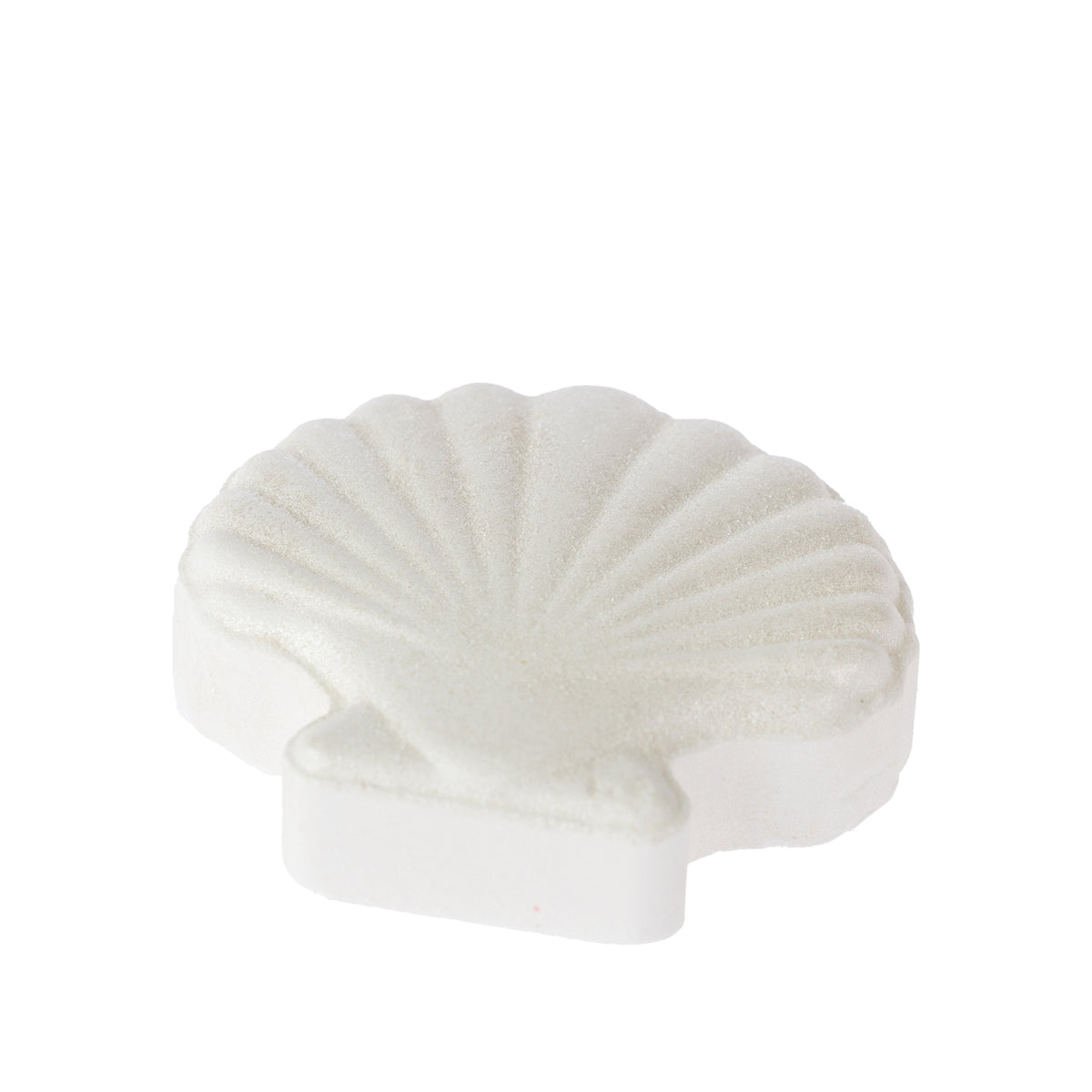 Grace & Gild Scallop Shell Bath Fizzer 100g in white, shaped like a fan shell with raised curved ridges and a soft pearlescent finish.