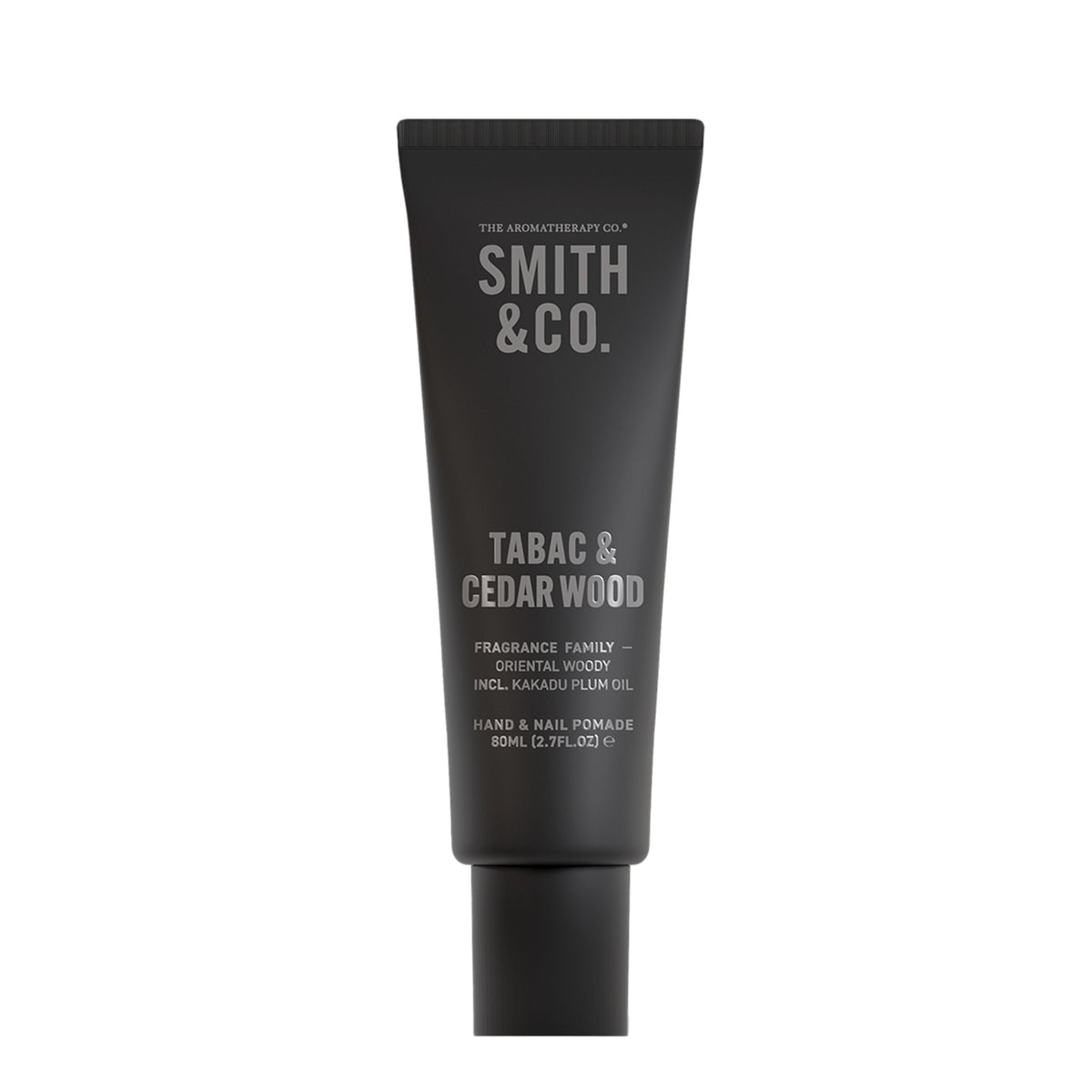 Smith & Co. Tabac & Cedarwood Hand & Nail Pomade 80ml in a matte black tube with grey lettering against a white background.