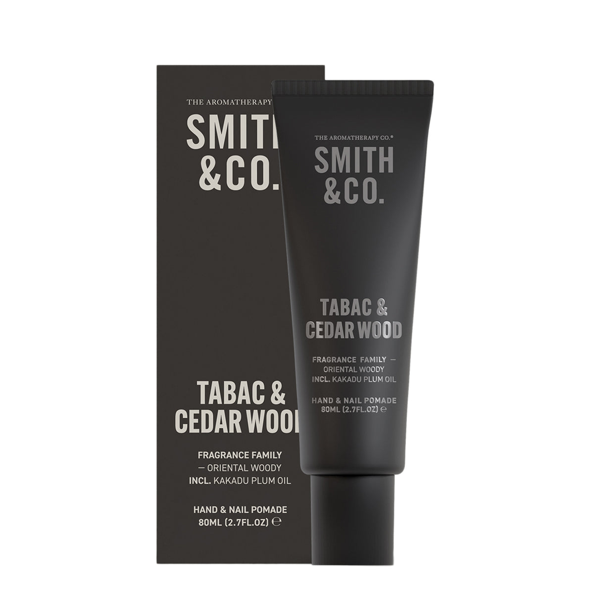 Smith & Co. Tabac & Cedarwood Hand & Nail Pomade 80ml in a black tube displayed alongside its matching black packaging against a white background.