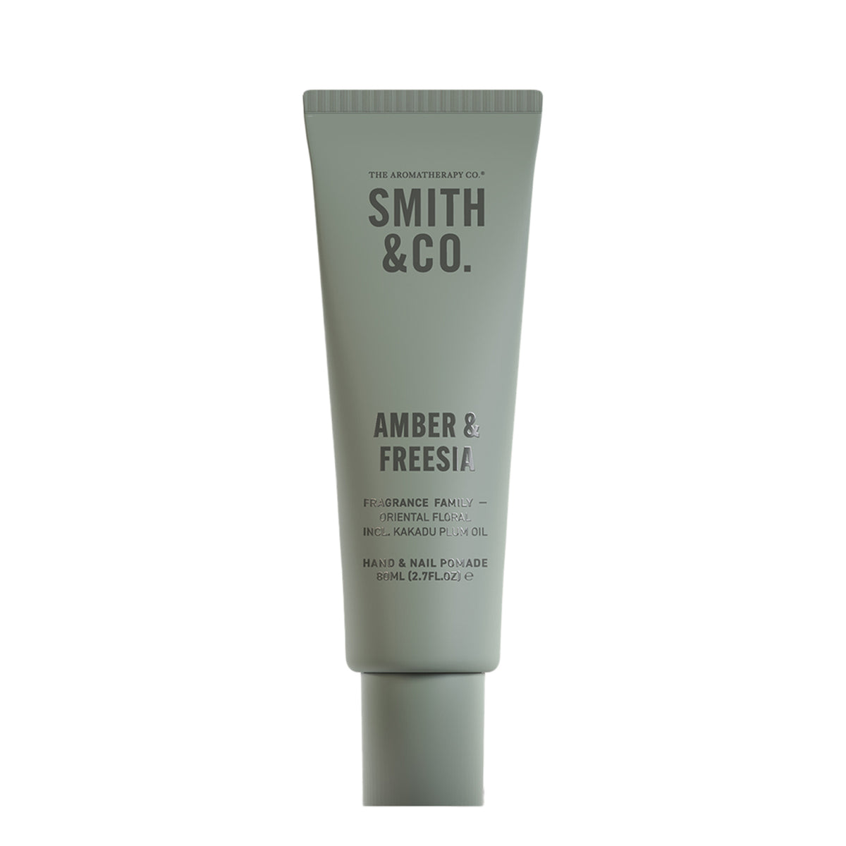 Smith & Co. Amber & Freesia Hand & Nail Pomade 80ml in a sage green tube against a white background.