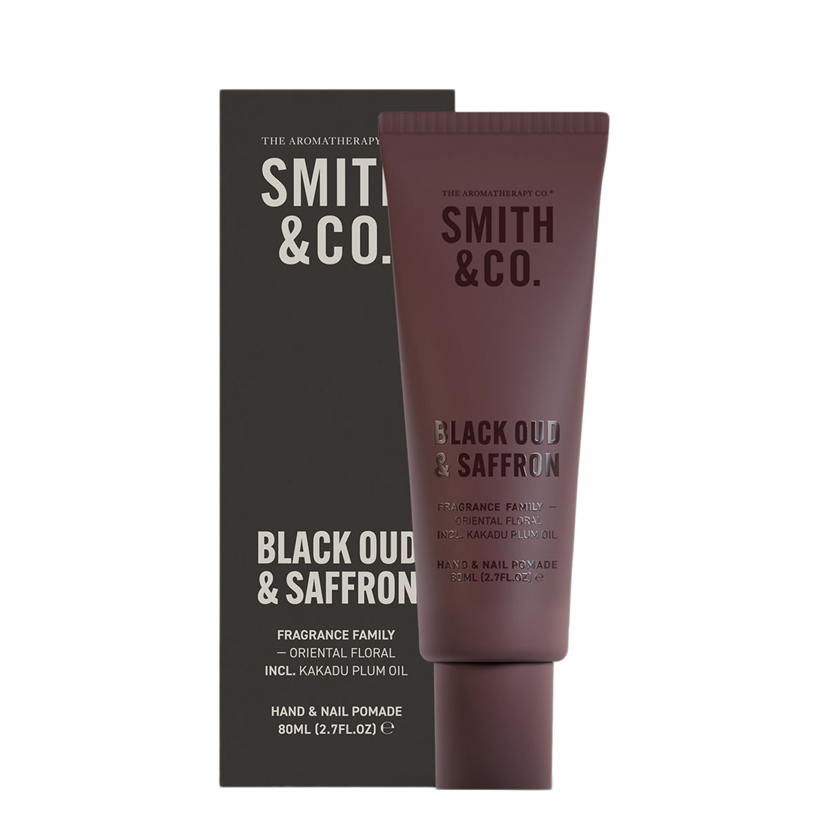 Smith & Co. Black Oud & Saffron Hand & Nail Pomade 80ml in a burgundy tube displayed alongside its black packaging against a white background.