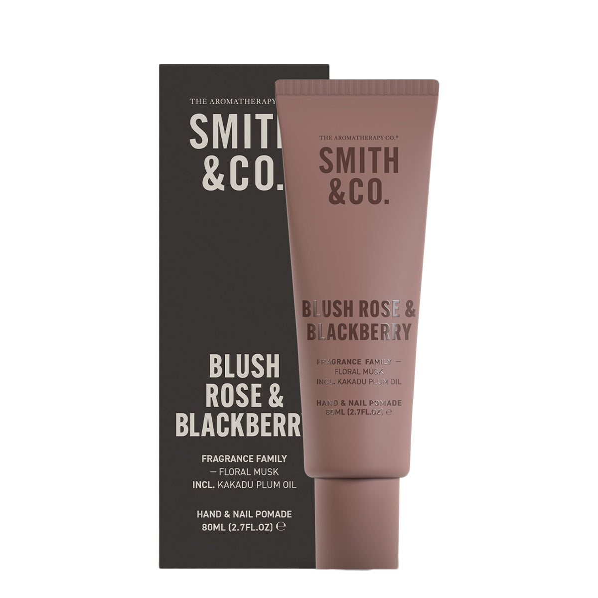 Smith & Co. Blush Rose & Blackberry Hand & Nail Pomade 80ml in a dusty pink tube displayed alongside its black packaging against a white background.