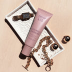 Smith & Co. Blush Rose & Blackberry Hand & Nail Pomade 80ml displayed on a white decorative tray alongside gold jewellery and a watch.