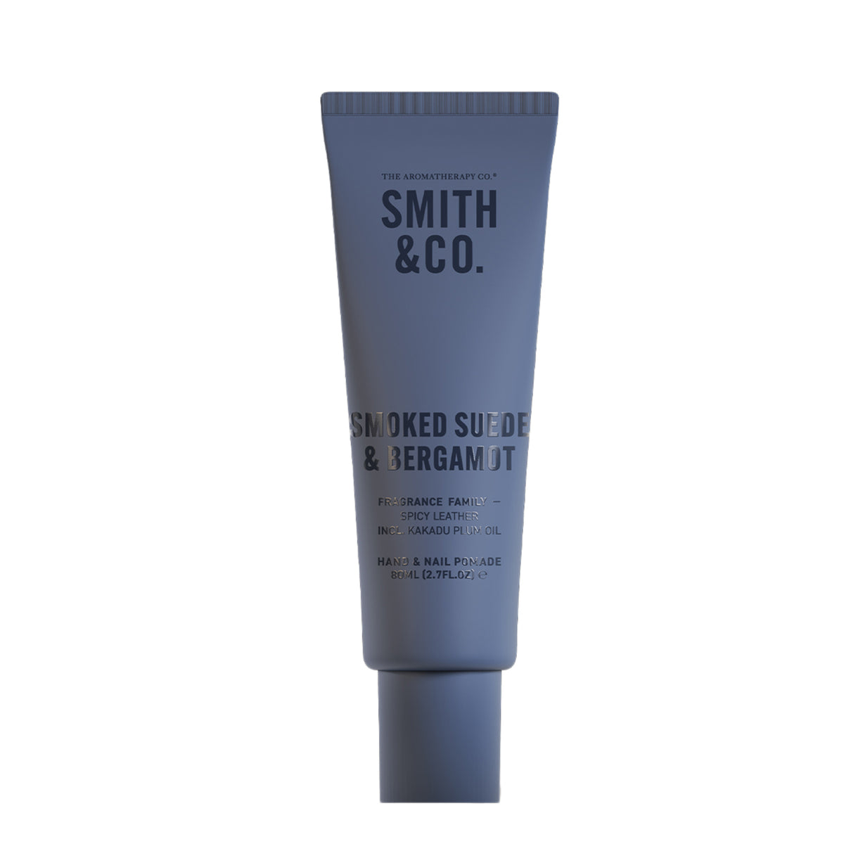 Smith & Co. Smoked Suede & Bergamot Hand & Nail Pomade 80ml in a dusty blue tube against a plain white background.
