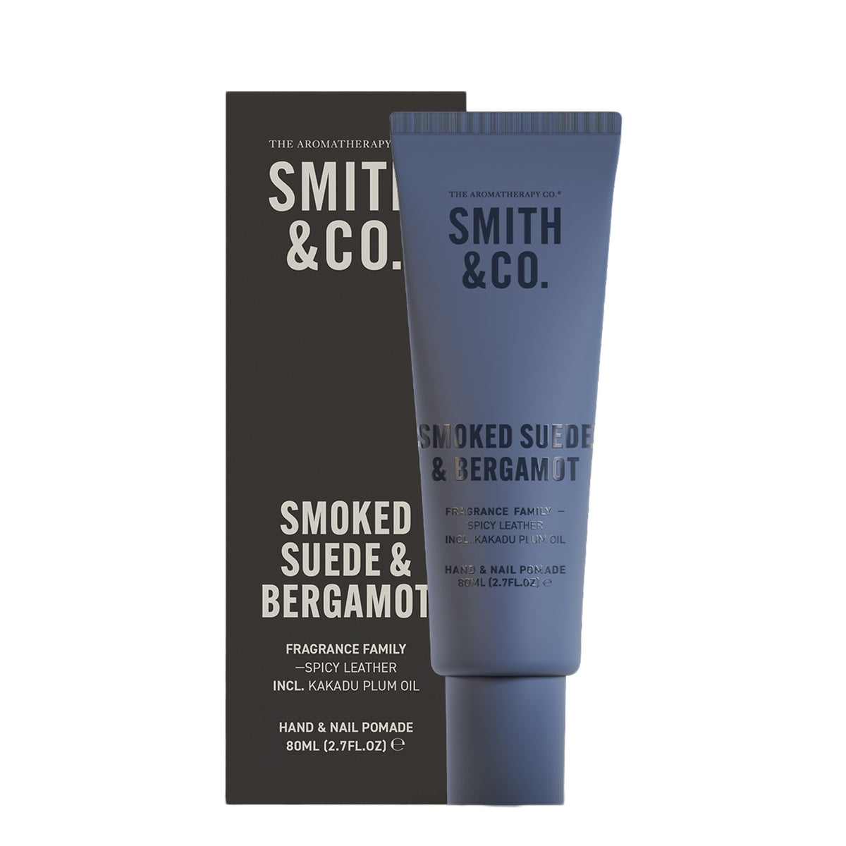 Smith & Co. Smoked Suede & Bergamot Hand & Nail Pomade 80ml displayed alongside its black packaging against a white background.