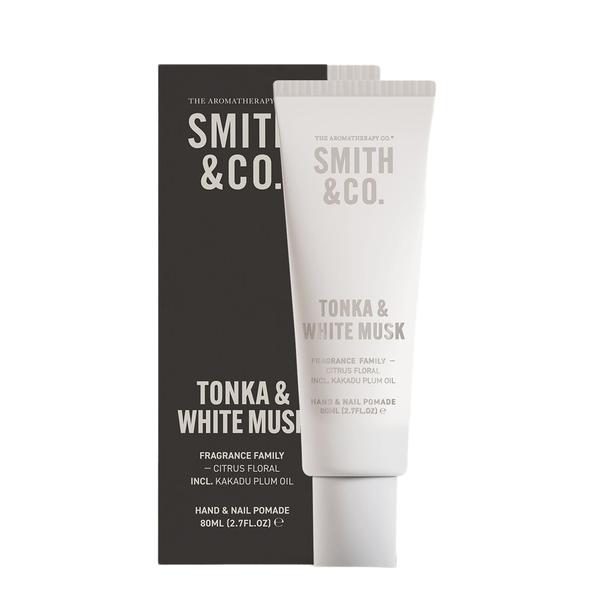 Smith & Co. Tonka & White Musk hand and nail pomade shown in a white squeeze tube with a dark charcoal box behind it on a white background.