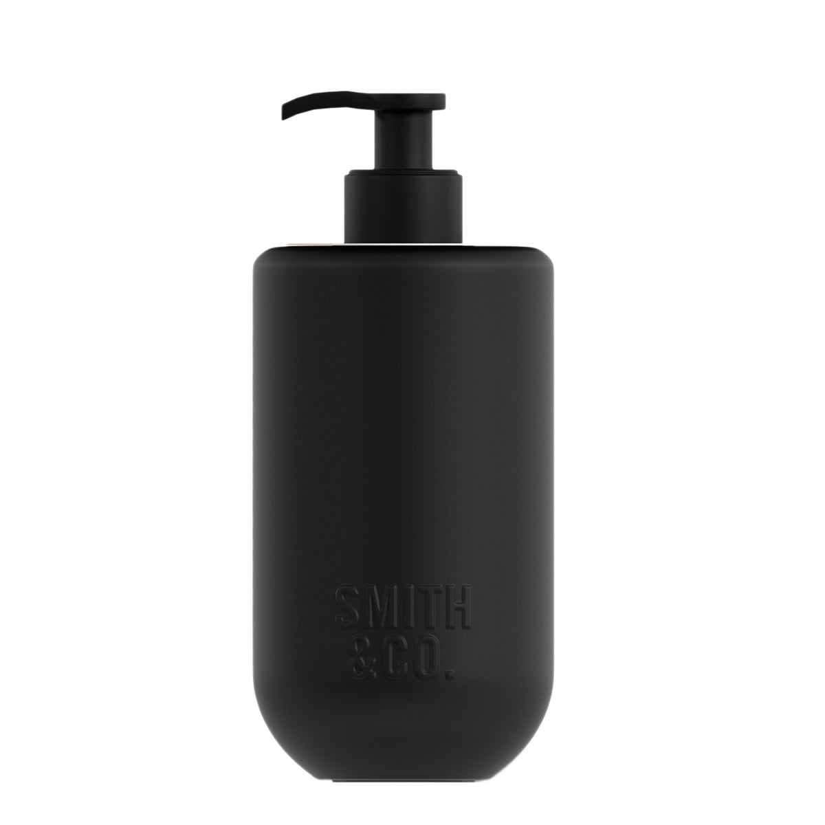 Smith & Co. Hand & Body Wash 400ml Tabac & Cedarwood in a matte black glass bottle with an embossed logo and matching black pump on a white background.