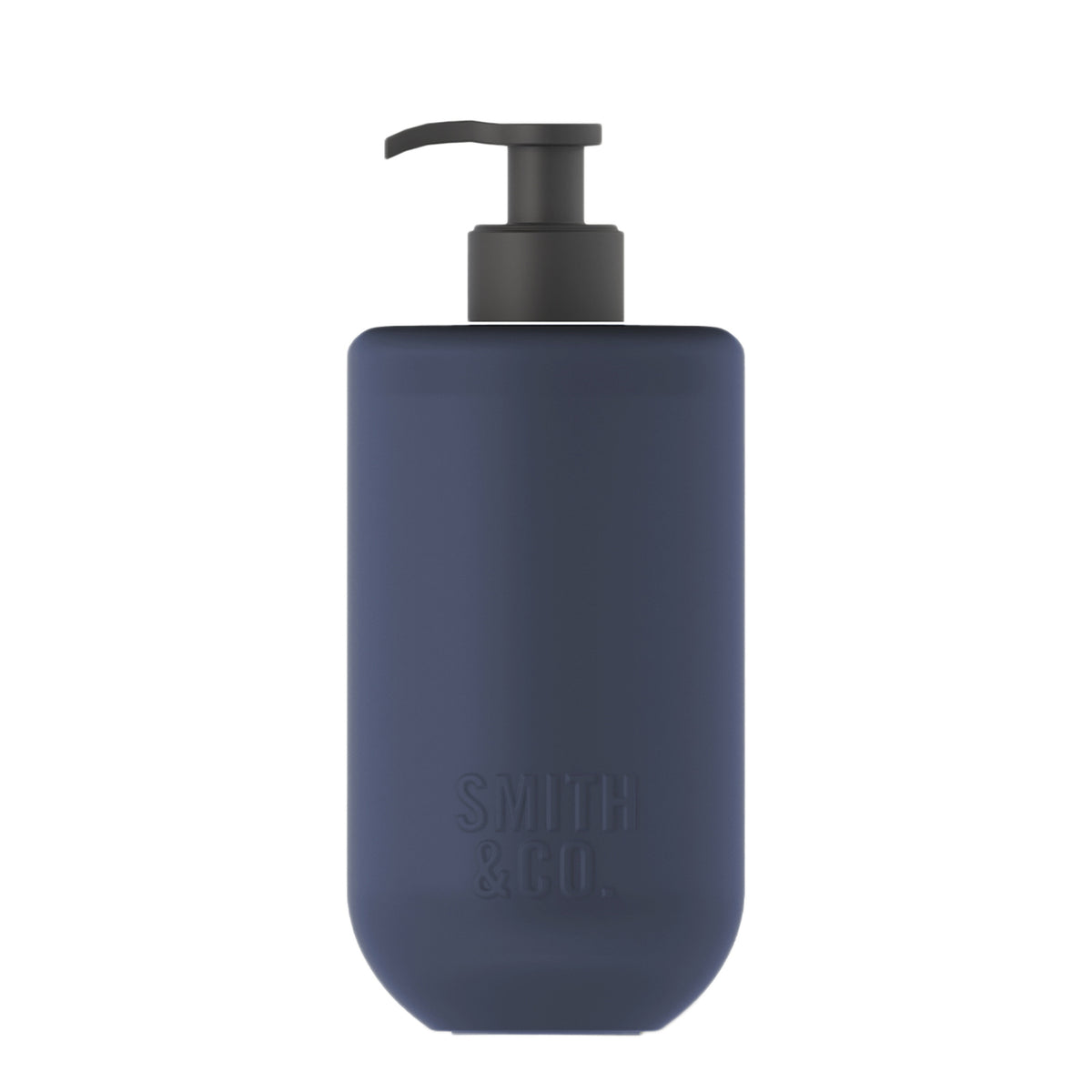 Smith & Co. Smoked Suede & Bergamot Hand & Body Wash 400ml in a matte navy blue bottle with a black pump dispenser against a white background.
