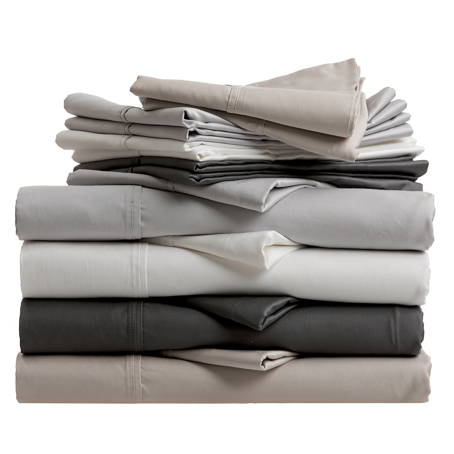 Stack of folded gray and beige bed sheets on a white background
