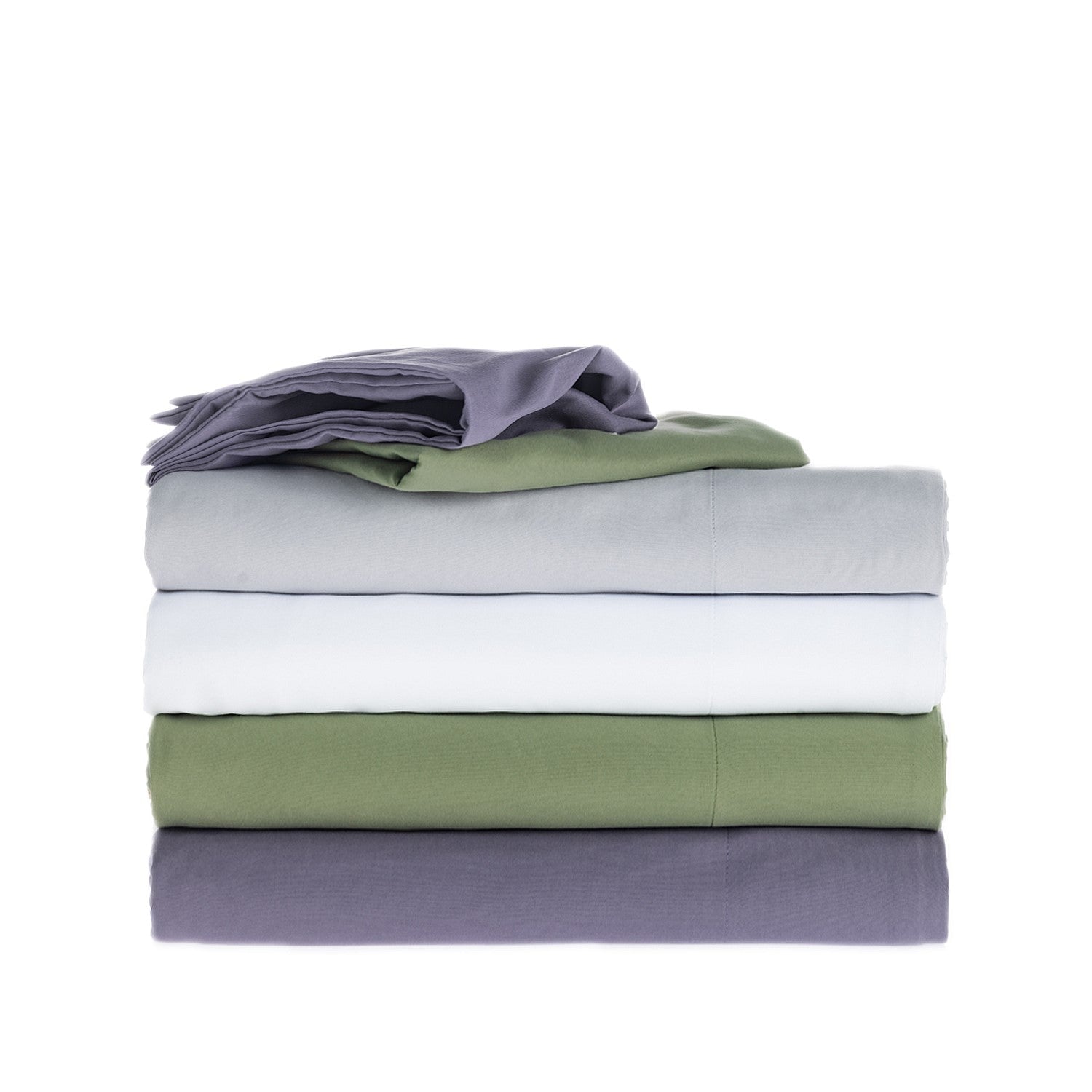 Stack of folded bed sheets in green, white, and gray on a white background