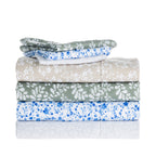 Stacked Home Co. Florance printed sheet sets in Olive, Blue and Silver floral designs.