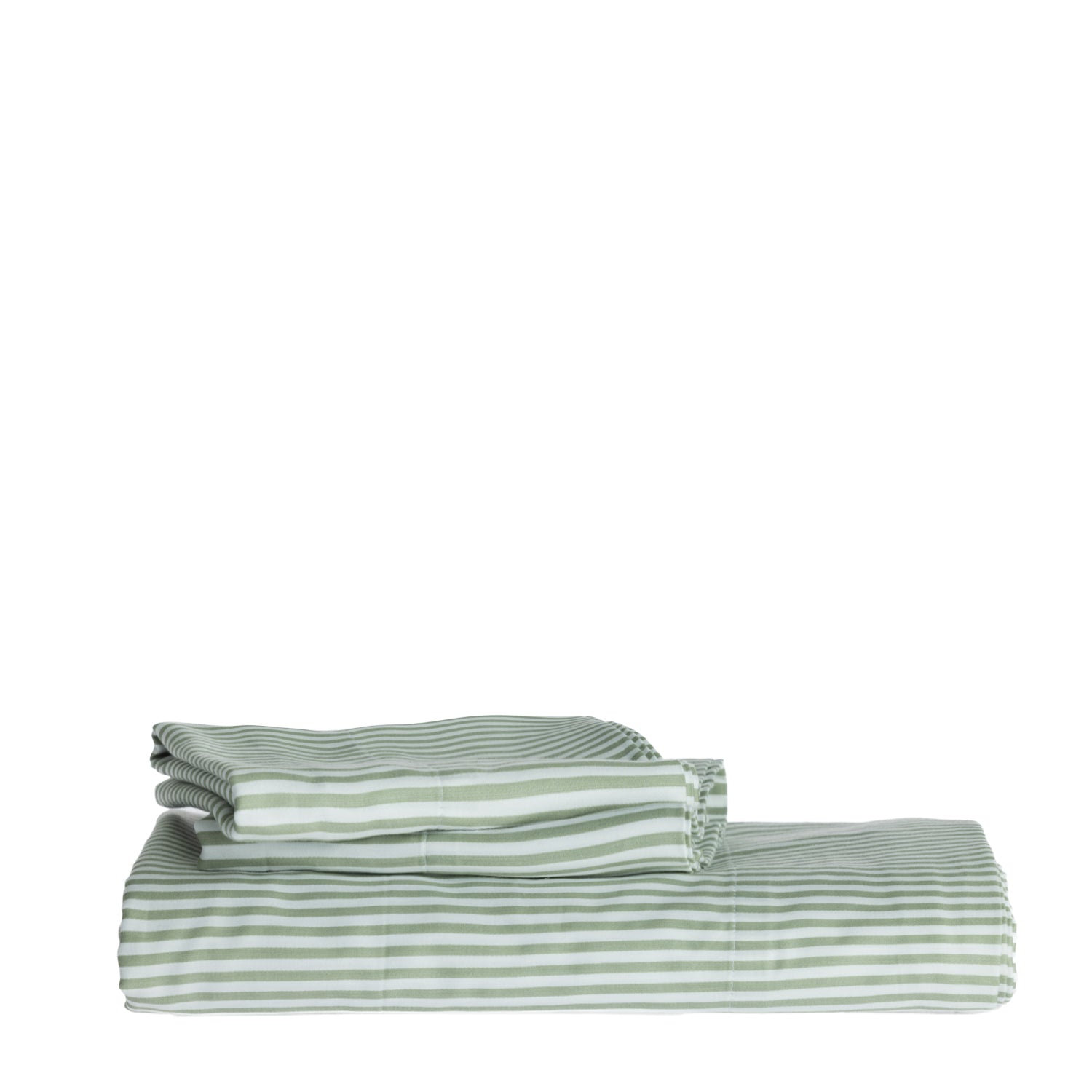 Folded sheet set with pillowcases folded on top in a white background 